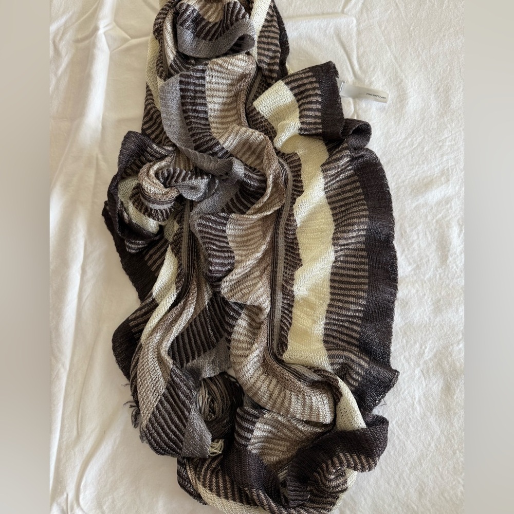 CHICO’S Striped Knit Scarf in Black, Gray, Brown and Cream